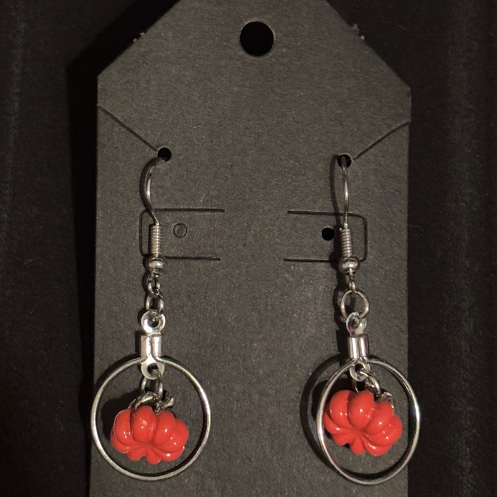 Silver Hoop Earrings with Red Floral Charm